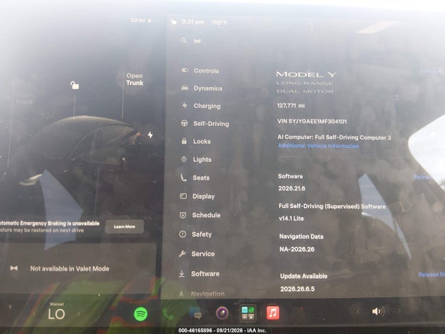 46165896 :رقم المزاد ، 5YJYGAEE1MF304101 vin ، 2021 Tesla Model Y Long Range Dual Motor All-wheel Drive مزاد بيع