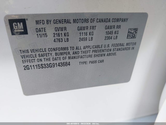 Aukcja sprzedaży 2016 Chevrolet Impala 2lt, vin: 2G1115S33G9143684, numer aukcji: 46165910