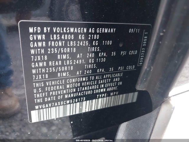 Продаж на аукціоні авто 2012 Volkswagen Tiguan Se, vin: WVGAV7AX8CW526173, номер лоту: 46165926