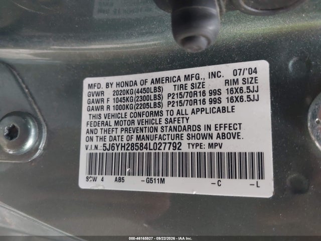 46165927 :رقم المزاد ، 5J6YH28584L027792 vin ، 2004 Honda Element Ex مزاد بيع