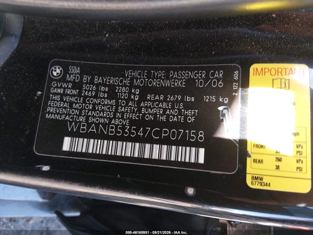 Продаж на аукціоні авто 2007 Bmw 550i, vin: WBANB53547CP07158, номер лоту: 46165951