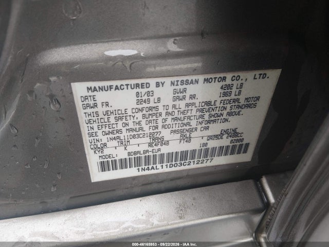 46165953 :رقم المزاد ، 1N4AL11D03C212277 vin ، 2003 Nissan Altima 2.5 S مزاد بيع