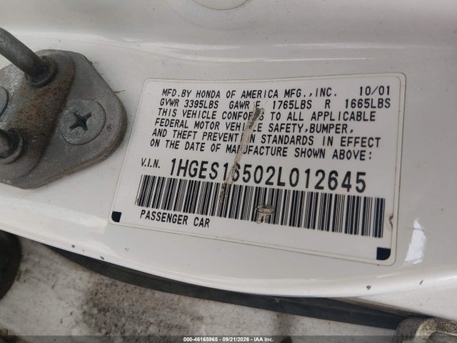 2002 Honda Civic Lx მანქანა იყიდება აუქციონზე, vin: 1HGES16502L012645, აუქციონის ნომერი: 46165965