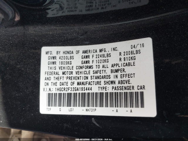 Продажа на аукционе авто 2016 Honda Accord Lx, vin: 1HGCR2F32GA195444, номер лота: 46165966