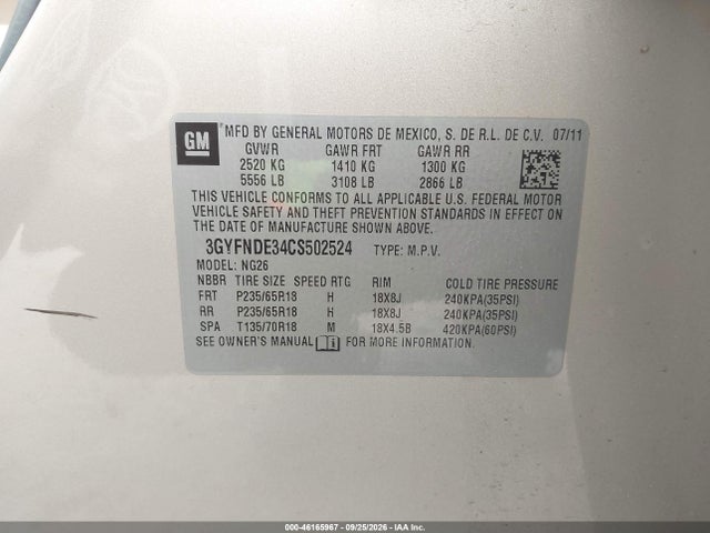 Aukcja sprzedaży 2012 Cadillac Srx Luxury Collection, vin: 3GYFNDE34CS502524, numer aukcji: 46165967