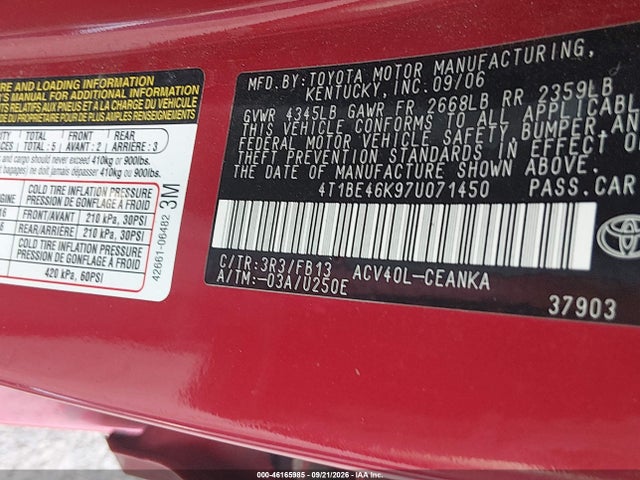2007 Toyota Camry Le მანქანა იყიდება აუქციონზე, vin: 4T1BE46K97U071450, აუქციონის ნომერი: 46165985
