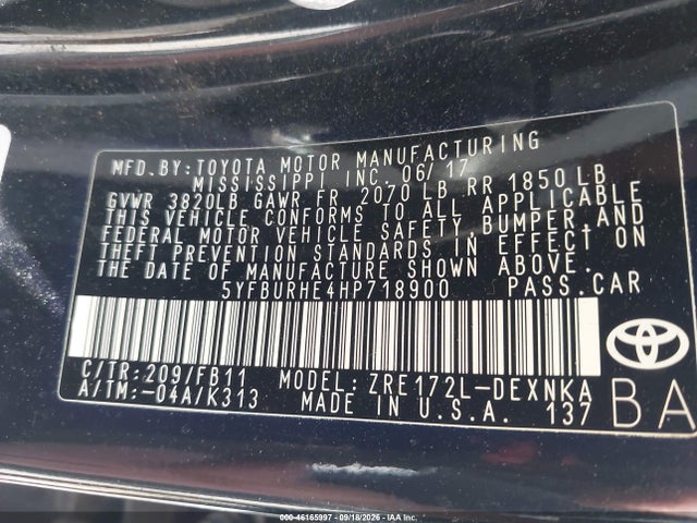Aukcja sprzedaży 2017 Toyota Corolla Le, vin: 5YFBURHE4HP718900, numer aukcji: 46165997