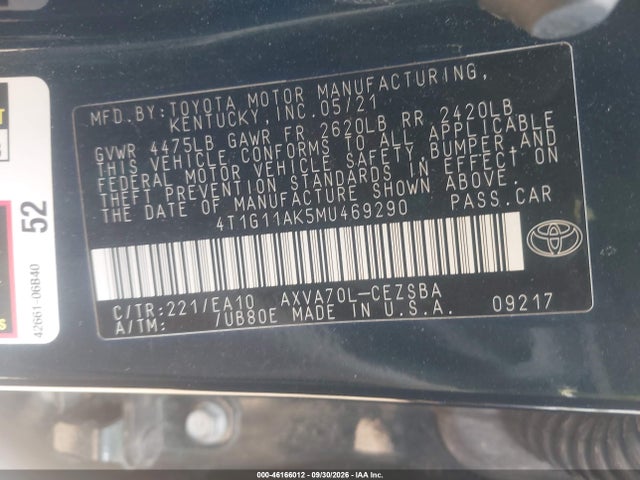 Продаж на аукціоні авто 2021 Toyota Camry Se, vin: 4T1G11AK5MU469290, номер лоту: 46166012