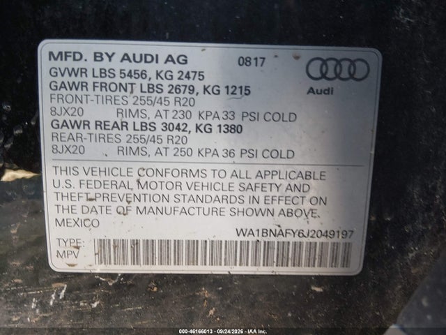 Aukcja sprzedaży 2018 Audi Q5 2.0t Premium/2.0t Tech Premium, vin: WA1BNAFY6J2049197, numer aukcji: 46166013