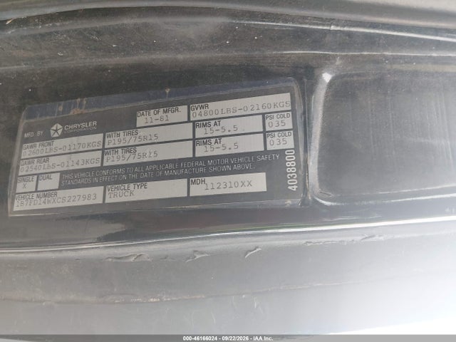 Продаж на аукціоні авто 1982 Dodge D-series D150, vin: 1B7FD14WXCS227983, номер лоту: 46166024