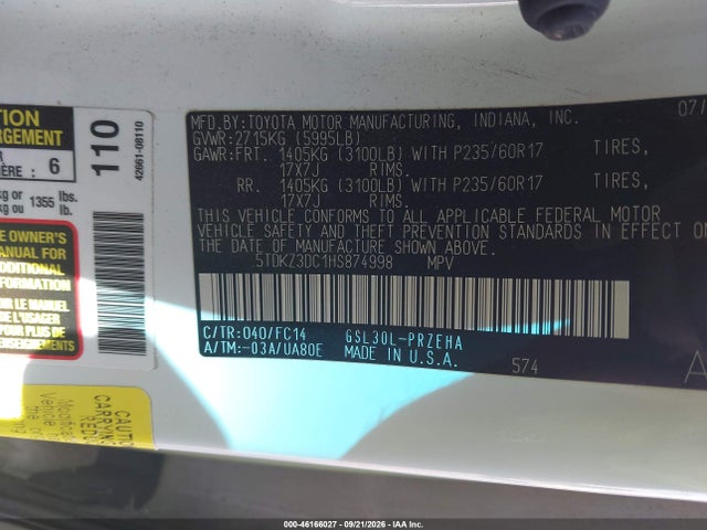 Продаж на аукціоні авто 2017 Toyota Sienna Le 8 Passenger, vin: 5TDKZ3DC1HS874998, номер лоту: 46166027