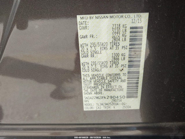 Aukcja sprzedaży 2015 Nissan Murano Platinum, vin: 5N1AZ2MG3FN290450, numer aukcji: 46166029