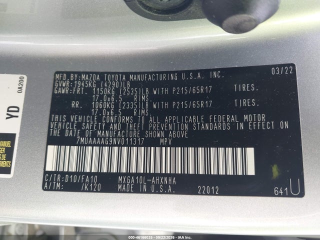 46166035 :رقم المزاد ، 7MUAAAAG9NV011317 vin ، 2022 Toyota Corolla Cross L مزاد بيع