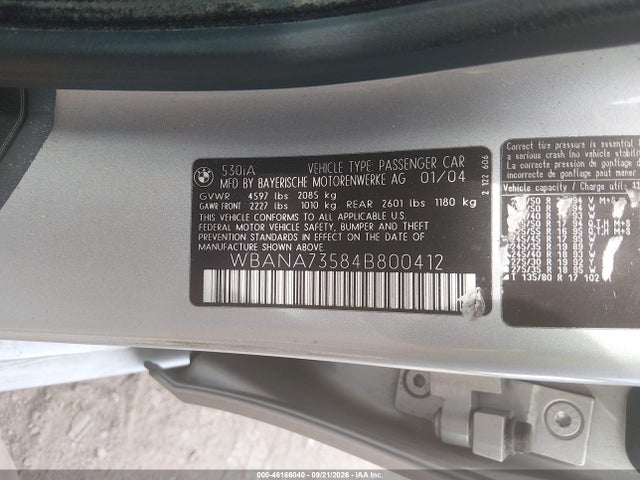 Продаж на аукціоні авто 2004 Bmw 530i, vin: WBANA73584B800412, номер лоту: 46166040