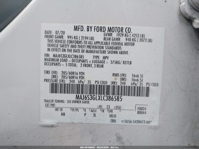 Aukcja sprzedaży 2020 Ford Ecosport Se, vin: MAJ6S3GLXLC386585, numer aukcji: 46166043