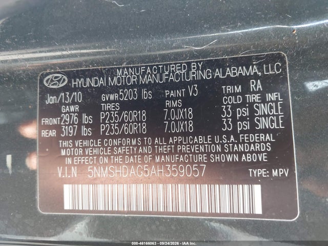 Продаж на аукціоні авто 2010 Hyundai Santa Fe Se, vin: 5NMSHDAG5AH359057, номер лоту: 46166063