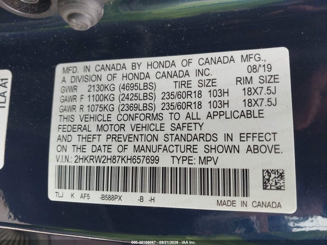 46166067 :رقم المزاد ، 2HKRW2H87KH657699 vin ، 2019 Honda Cr-v Ex-l مزاد بيع