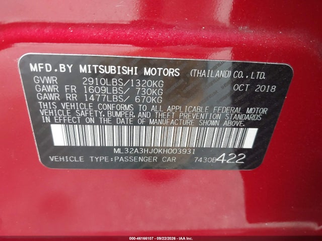 46166107 :رقم المزاد ، ML32A3HJ0KH003931 vin ، 2019 Mitsubishi Mirage Es مزاد بيع