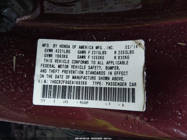 Honda Accord Ex-l 2014 1HGCR2F86EA166568 Image 9