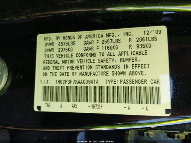 Aukcja sprzedaży 2010 Honda Accord 3.5 Ex, vin: 1HGCP3F7XAA009414, numer aukcji: 46166132