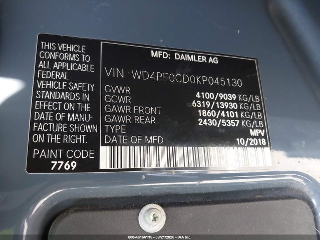 Продажа на аукционе авто 2019 Mercedes-benz Sprinter 2500 Standard Roof V6, vin: WD4PF0CD0KP045130, номер лота: 46166135