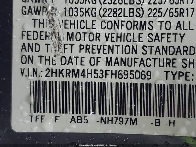 46166136 :رقم المزاد ، 2HKRM4H53FH695069 vin ، 2015 Honda Cr-v Ex مزاد بيع