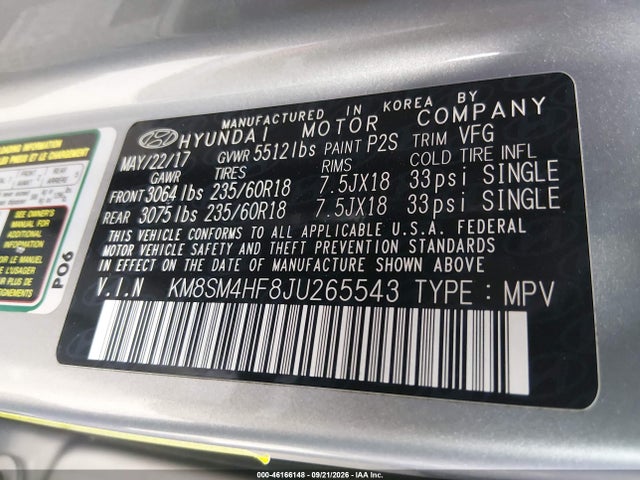 Продажа на аукционе авто 2018 Hyundai Santa Fe Se, vin: KM8SM4HF8JU265543, номер лота: 46166148