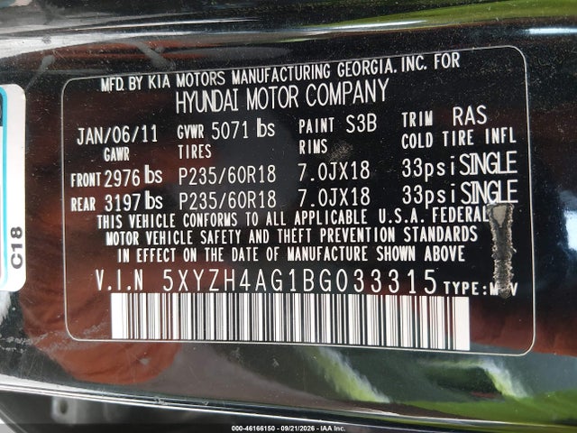 Aukcja sprzedaży 2011 Hyundai Santa Fe Se, vin: 5XYZH4AG1BG033315, numer aukcji: 46166150