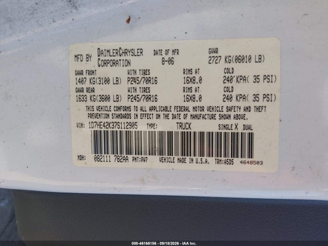 Продаж на аукціоні авто 2007 Dodge Dakota Slt, vin: 1D7HE42K37S112905, номер лоту: 46166156