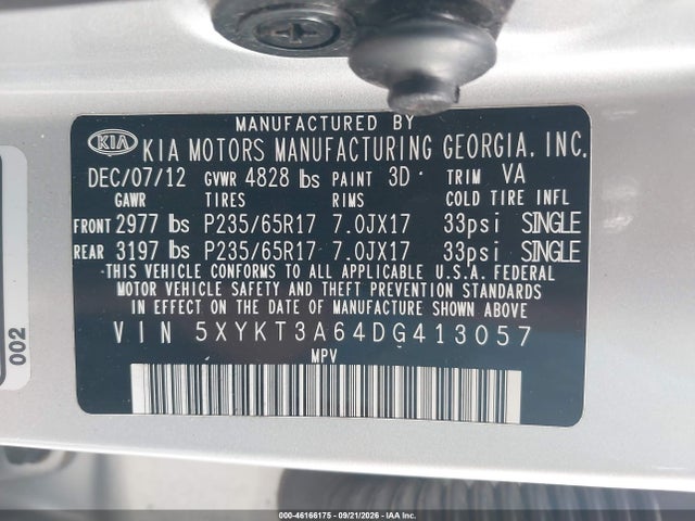 Aukcja sprzedaży 2013 Kia Sorento Lx, vin: 5XYKT3A64DG413057, numer aukcji: 46166175