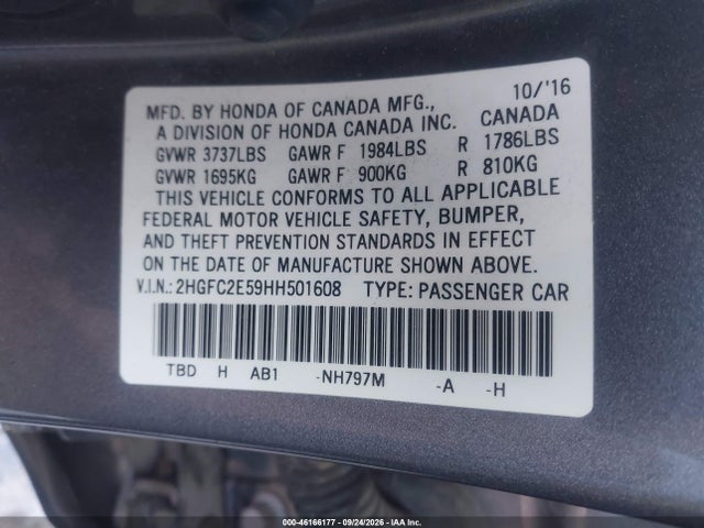 Honda Civic Lx 2017 2HGFC2E59HH501608 Image 9