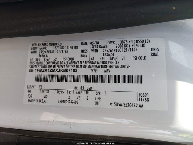 Продаж на аукціоні авто 2018 Ford Transit-150 Xl, vin: 1FMZK1ZMXJKB07183, номер лоту: 46166179