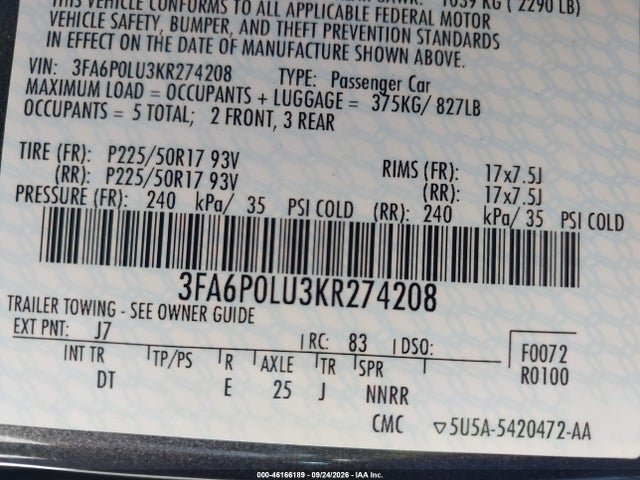 2019 Ford Fusion Hybrid Se მანქანა იყიდება აუქციონზე, vin: 3FA6P0LU3KR274208, აუქციონის ნომერი: 46166189