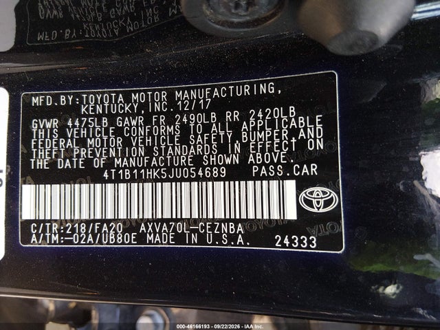 Aukcja sprzedaży 2018 Toyota Camry Le, vin: 4T1B11HK5JU054689, numer aukcji: 46166193