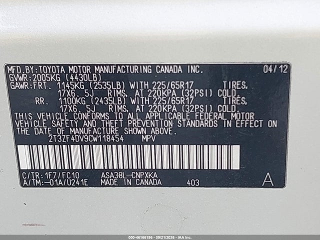 2012 Toyota Rav4 მანქანა იყიდება აუქციონზე, vin: 2T3ZF4DV9CW118454, აუქციონის ნომერი: 46166196