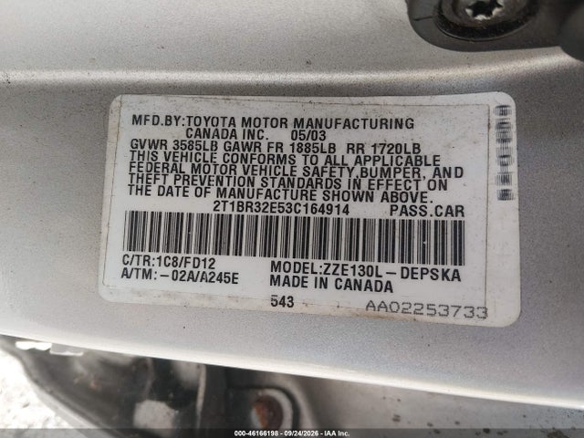 Aukcja sprzedaży 2003 Toyota Corolla S, vin: 2T1BR32E53C164914, numer aukcji: 46166198