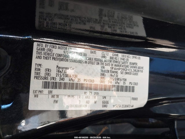 Aukcja sprzedaży 2012 Ford Focus Sel, vin: 1FAHP3M21CL382818, numer aukcji: 46166200