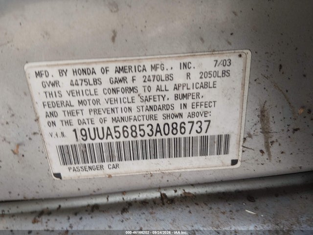 2003 Acura Tl 3.2 Type S მანქანა იყიდება აუქციონზე, vin: 19UUA56853A086737, აუქციონის ნომერი: 46166202
