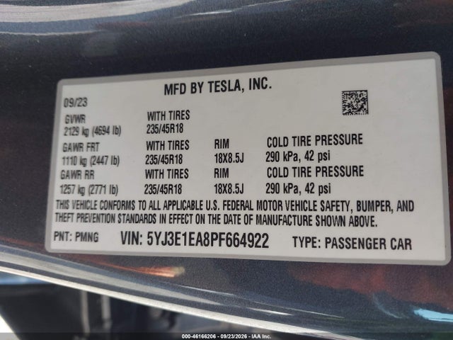 Продажа на аукционе авто 2023 Tesla Model 3 Rear-wheel Drive, vin: 5YJ3E1EA8PF664922, номер лота: 46166206