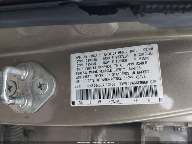 Aukcja sprzedaży 2008 Honda Accord 2.4 Lx-p, vin: 1HGCP26458A113304, numer aukcji: 46166211