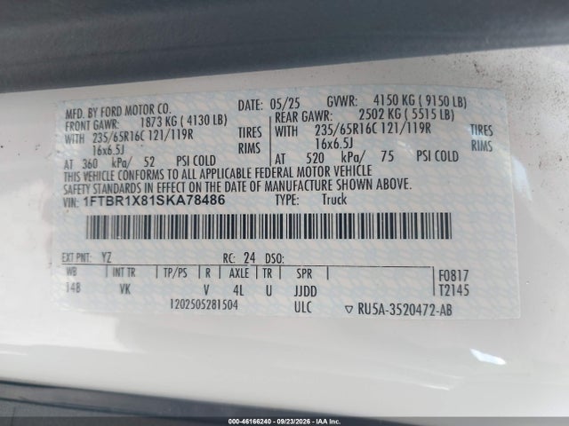 Aukcja sprzedaży 2025 Ford Transit-250, vin: 1FTBR1X81SKA78486, numer aukcji: 46166240