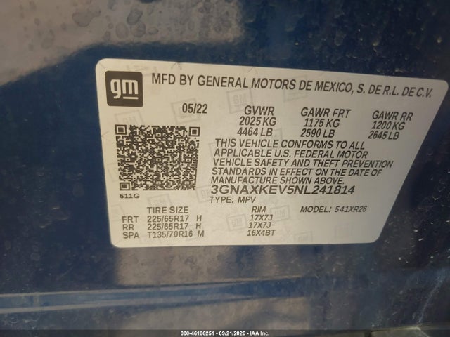 2022 Chevrolet Equinox Fwd Lt მანქანა იყიდება აუქციონზე, vin: 3GNAXKEV5NL241814, აუქციონის ნომერი: 46166251