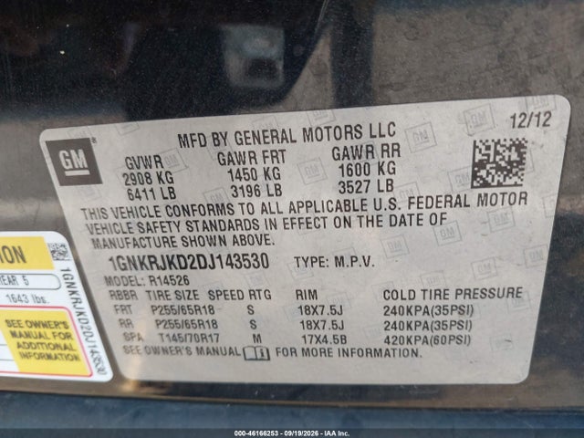Auction sale of the 2013 Chevrolet Traverse 2lt, vin: 1GNKRJKD2DJ143530, lot number: 46166253