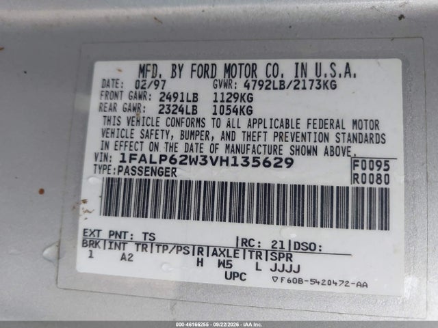 1997 Ford Thunderbird Lx მანქანა იყიდება აუქციონზე, vin: 1FALP62W3VH135629, აუქციონის ნომერი: 46166255