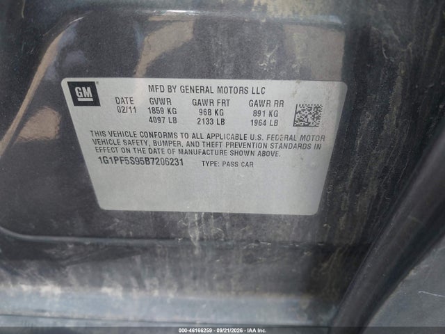 46166259 :رقم المزاد ، 1G1PF5S95B7206231 vin ، 2011 Chevrolet Cruze 1lt مزاد بيع