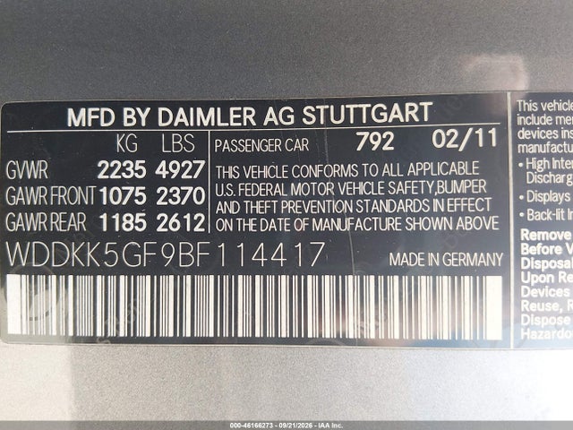 2011 Mercedes-benz E 350 მანქანა იყიდება აუქციონზე, vin: WDDKK5GF9BF114417, აუქციონის ნომერი: 46166273