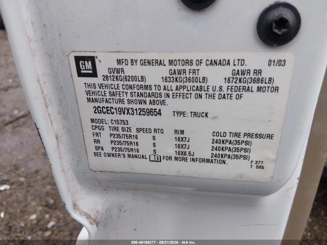 46166277 :رقم المزاد ، 2GCEC19VX31259654 vin ، 2003 Chevrolet Silverado 1500 Ls مزاد بيع