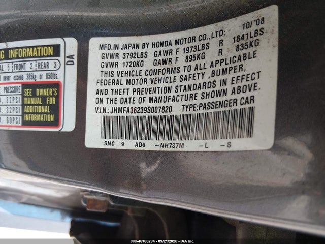 Aukcja sprzedaży 2009 Honda Civic Hybrid, vin: JHMFA36239S007820, numer aukcji: 46166284