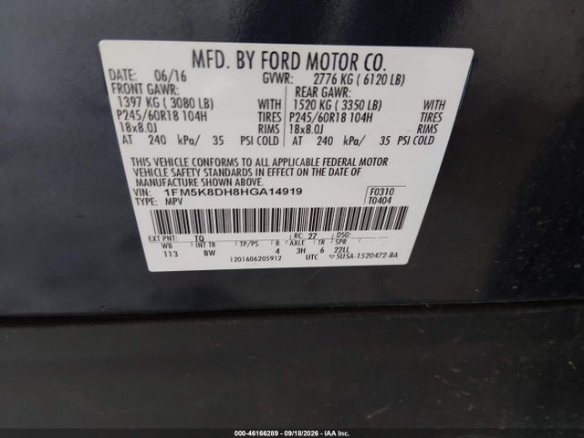 Продажа на аукционе авто 2017 Ford Explorer Xlt, vin: 1FM5K8DH8HGA14919, номер лота: 46166289