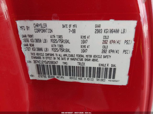 Продаж на аукціоні авто 1998 Dodge Ram 1500 St, vin: 3B7HC12Y5WM288347, номер лоту: 46166307